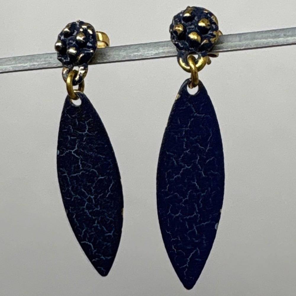 1970s Navy Blue Dangle Earrings Gold Tone Accents Drop Earrings Women